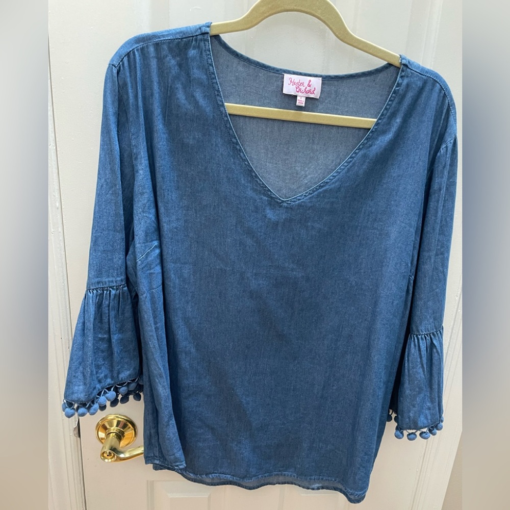 Hester & Orchard light Denim top with bell sleeves and Pom Pom trim size L